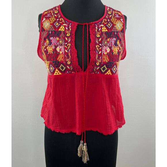 Free People Tops - Free People Lohri Red Embroidered Tie Keyhole Neck Tassel Boho Tank Top Size XS